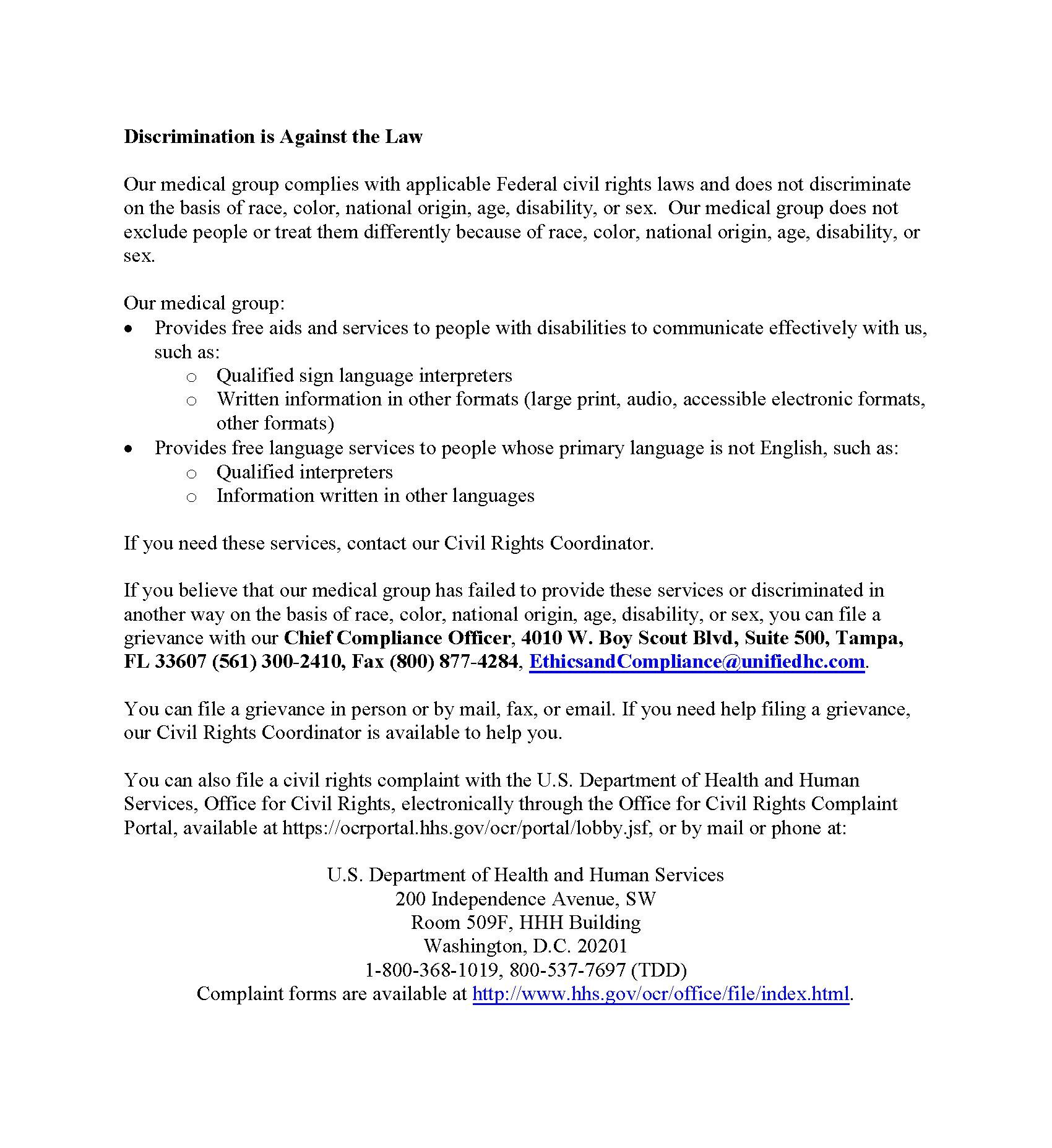 Discrimination Policy - Live Oak Women's Health